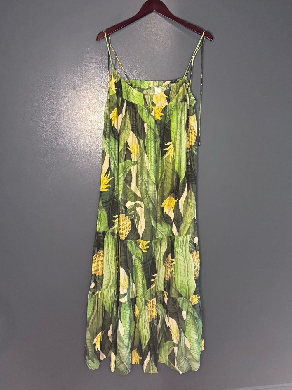 Tropical Green Leaf Print Gold Tie Maxi Dress Woman’s Large Lg Resort Dress Nice